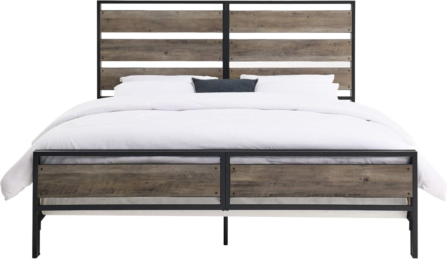 imageWalker Edison Wood Plank Metal Queen Size Bed Frame Bedroom Headboard Footboard Bed Frame Bedroom Queen Reclaimed WoodGrey Wash