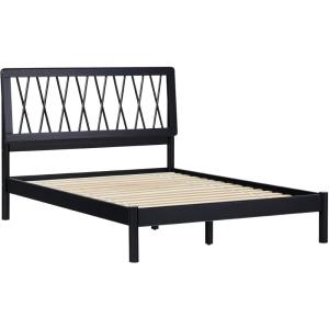 Walker Edison Queen Transitional Geometric X Pattern Headboard Solid Wood Bed, Queen Size, Caramel(Black)
