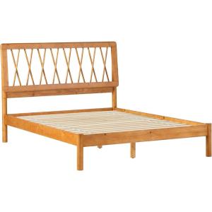 Walker Edison Queen Transitional Geometric X Pattern Headboard Solid Wood Bed, Queen Size, Caramel(Caramel)