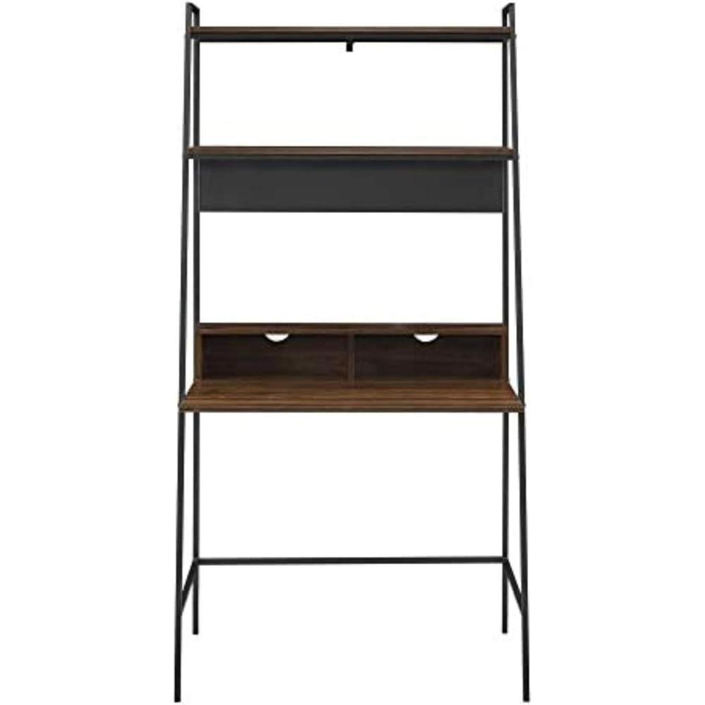 imageWalker Edison Modern Transitional Interior Design Reeded Desk with Hutch and Drawers Builtin Tech Desk with Cord Management Storage for Small Living Spaces 38W x 19D x 70H Coastal OakLadder Dark Walnut