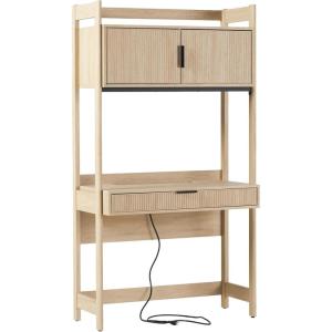 Walker Edison Modern Transitional Interior Design Reeded Desk with Hutch and Drawers, Built-in Tech, Desk with Cord Management, Storage for Small Living Spaces, 38”W x 19”D x 70”H, Coastal Oak(Coastal Oak)