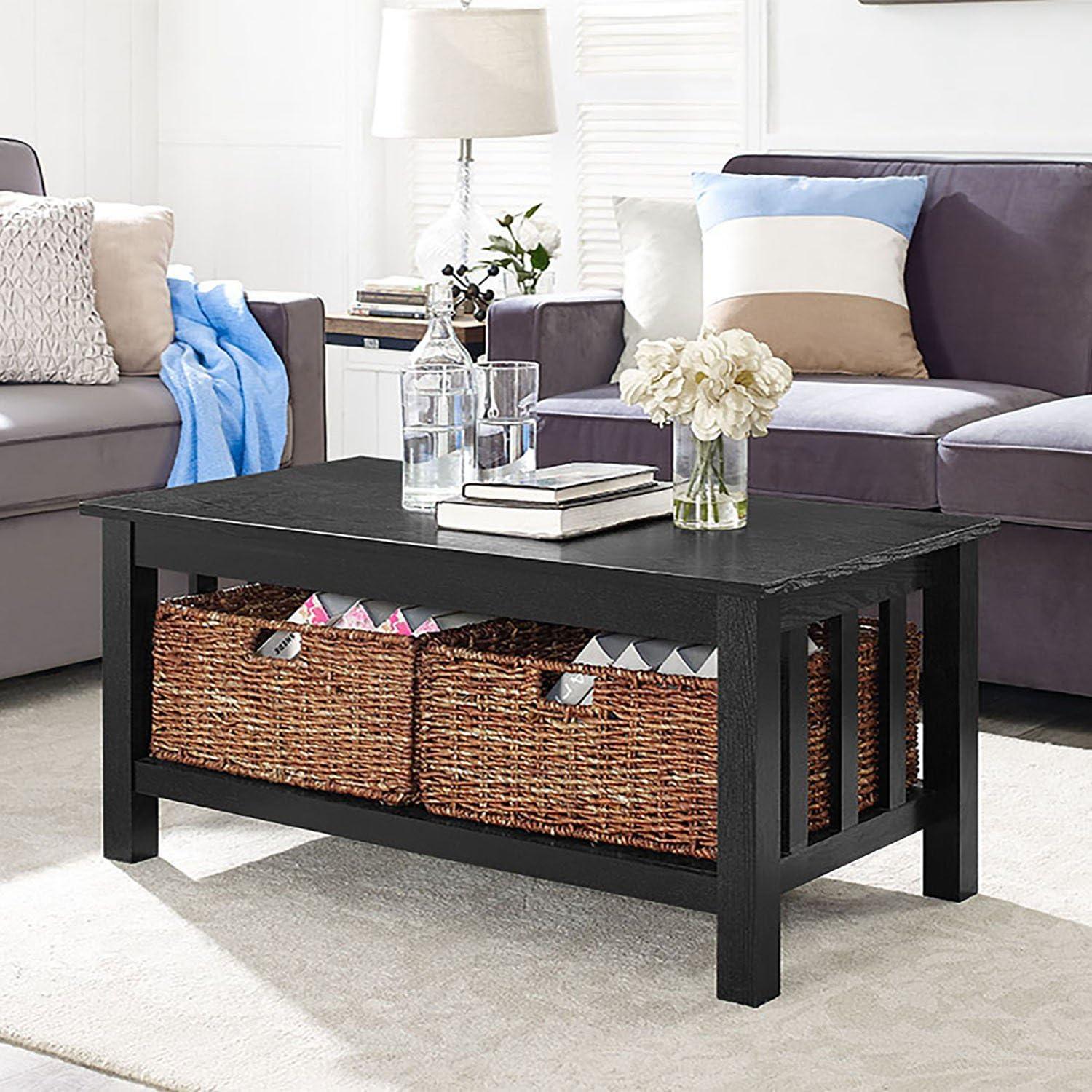 image:imageWalker Edison Alayna Mission Style Two Tier Coffee Table with Rattan Storage Baskets 40 Inch EspressoBlack