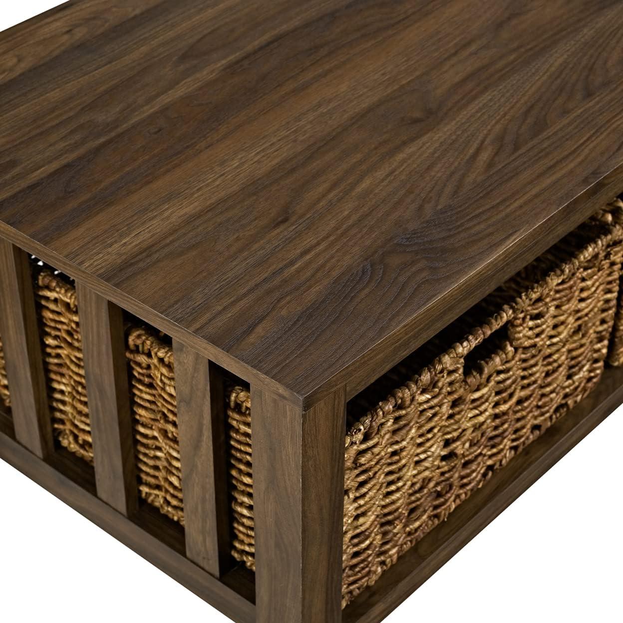 image:imageWalker Edison Alayna Mission Style Two Tier Coffee Table with Rattan Storage Baskets 40 Inch EspressoDark Walnut