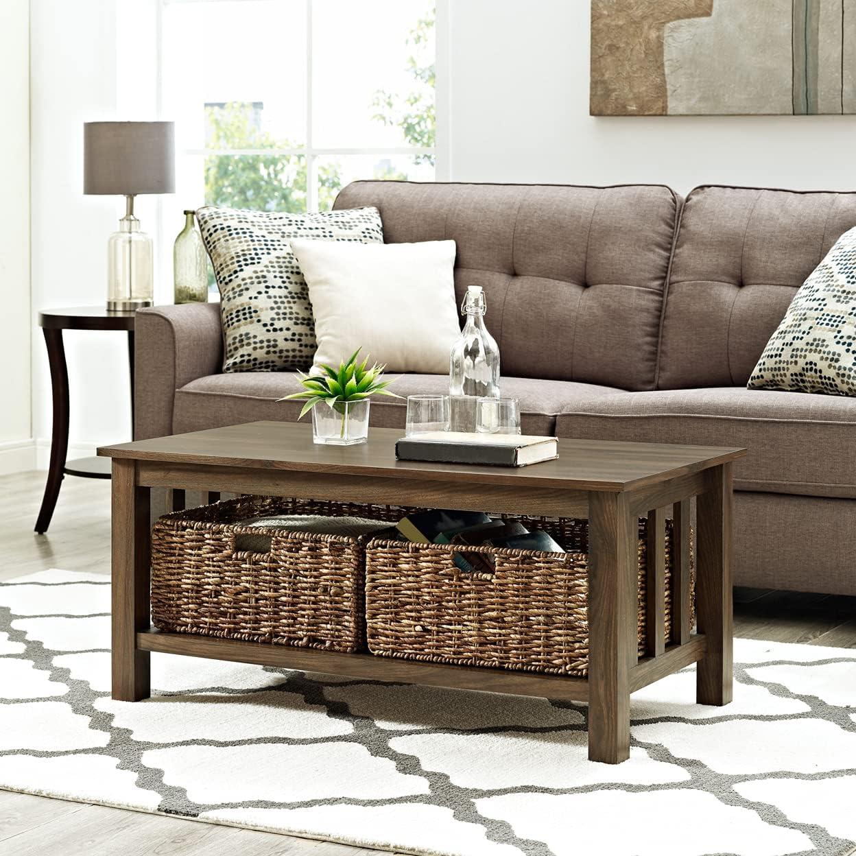 image:imageWalker Edison Alayna Mission Style Two Tier Coffee Table with Rattan Storage Baskets 40 Inch EspressoDark Walnut