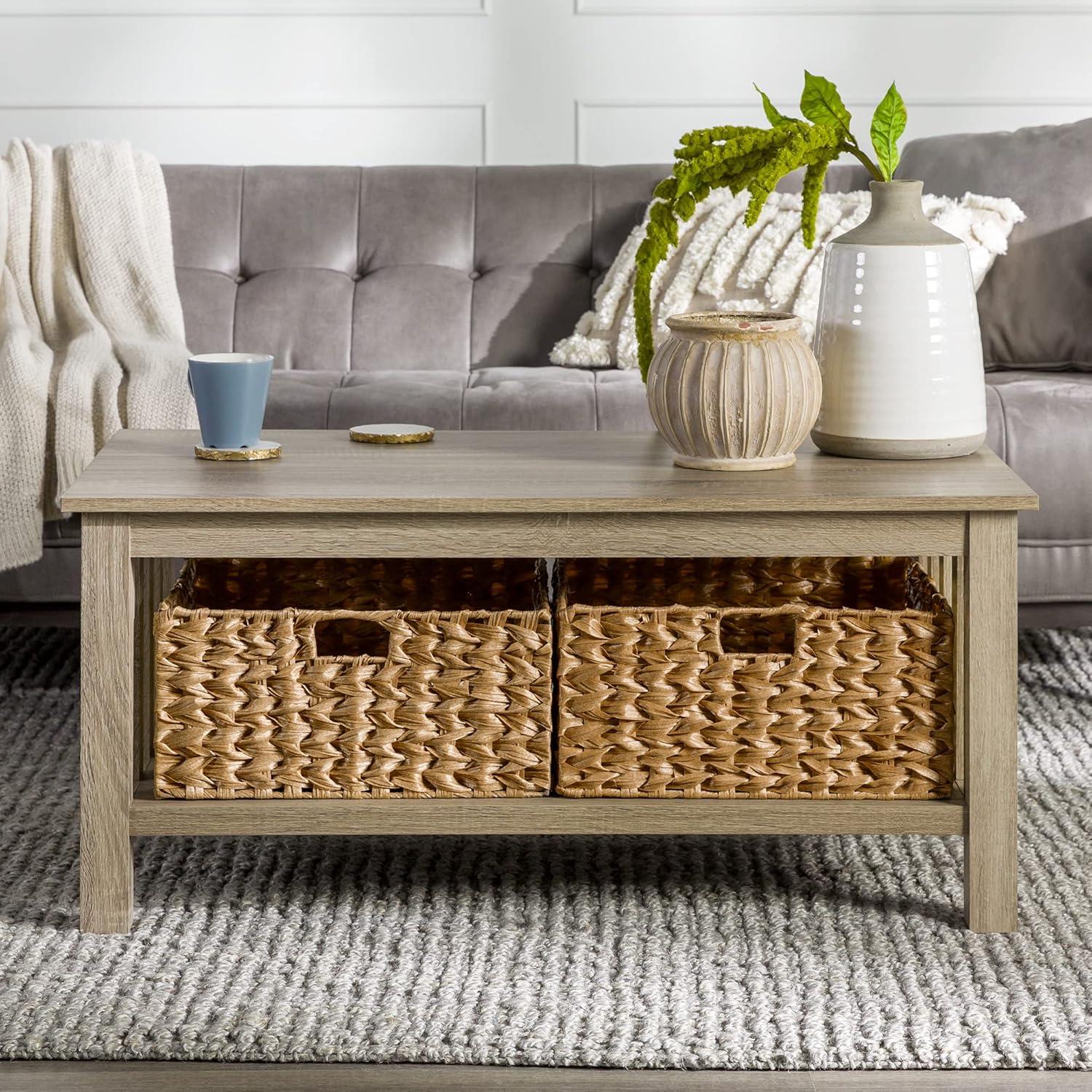 image:imageWalker Edison Alayna Mission Style Two Tier Coffee Table with Rattan Storage Baskets 40 Inch EspressoDriftwood