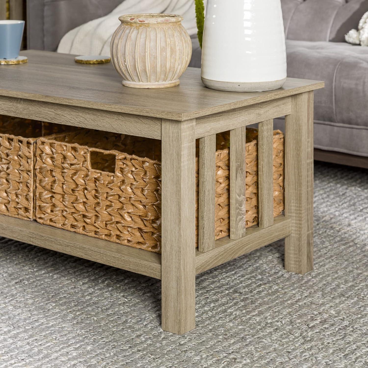image:imageWalker Edison Alayna Mission Style Two Tier Coffee Table with Rattan Storage Baskets 40 Inch EspressoDriftwood