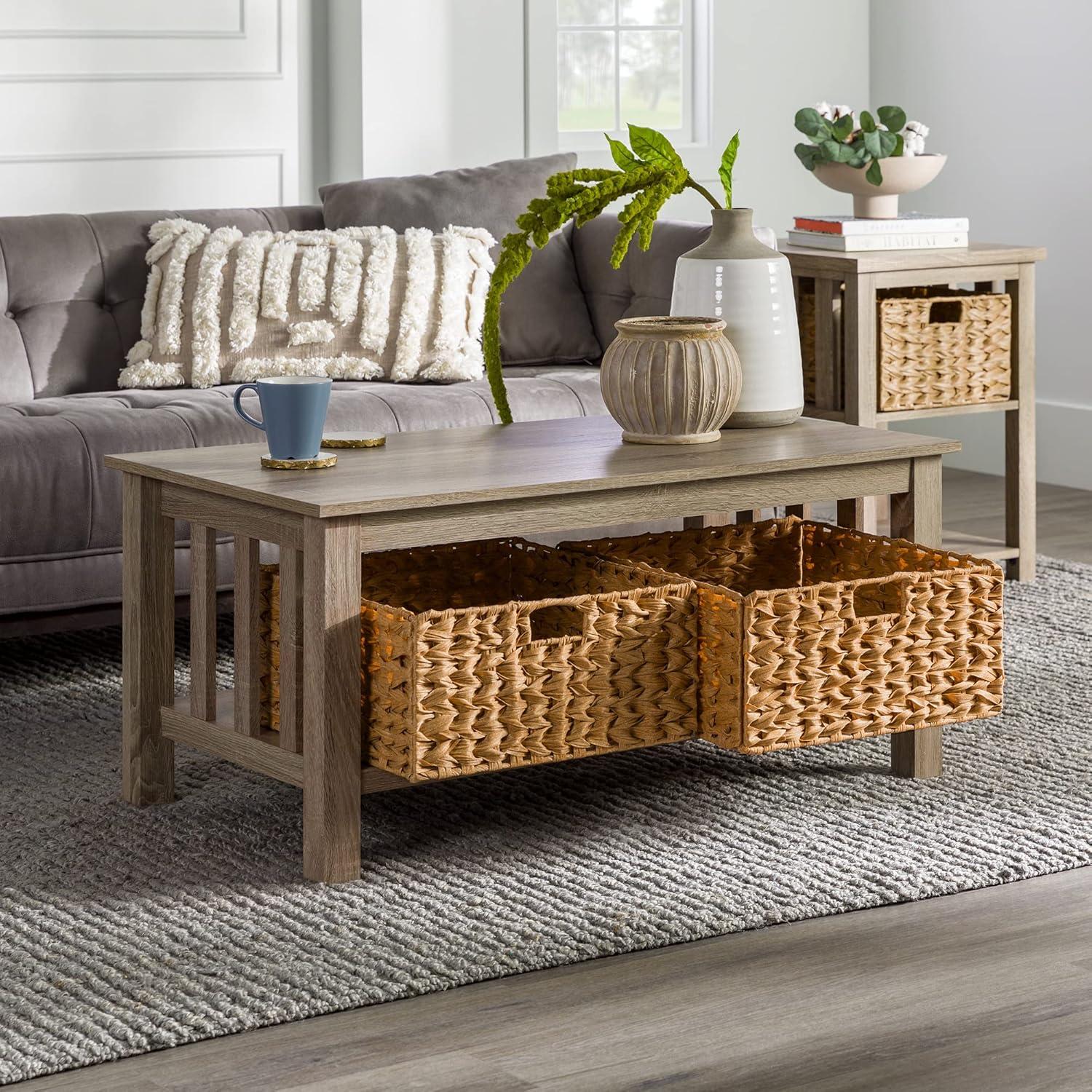 image:imageWalker Edison Alayna Mission Style Two Tier Coffee Table with Rattan Storage Baskets 40 Inch EspressoDriftwood