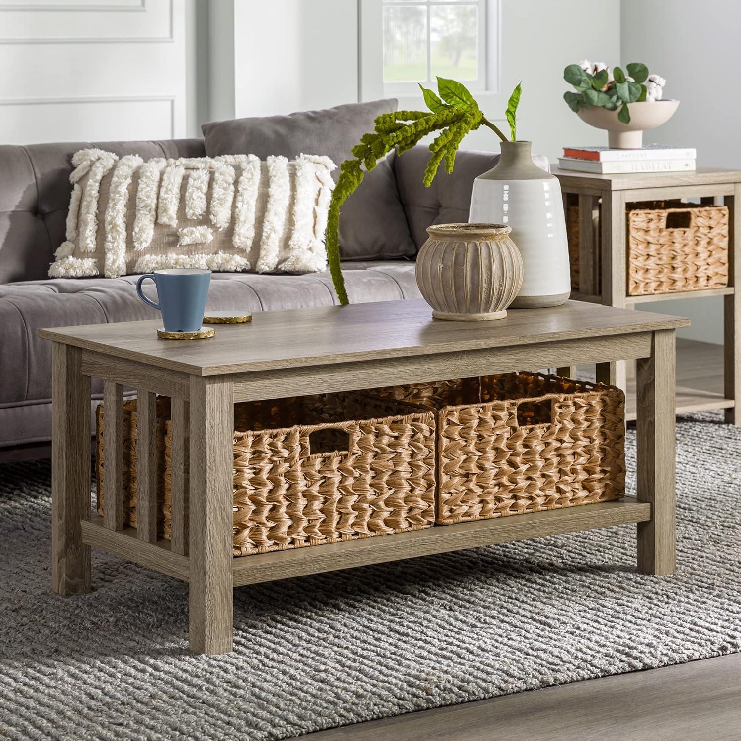 image:imageWalker Edison Alayna Mission Style Two Tier Coffee Table with Rattan Storage Baskets 40 Inch EspressoDriftwood