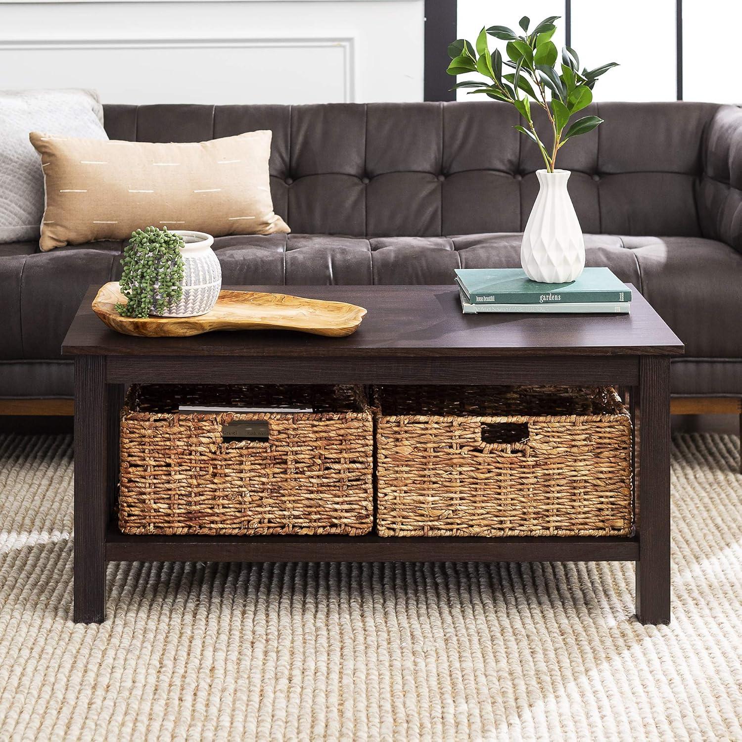 image:imageWalker Edison Alayna Mission Style Two Tier Coffee Table with Rattan Storage Baskets 40 Inch EspressoEspresso