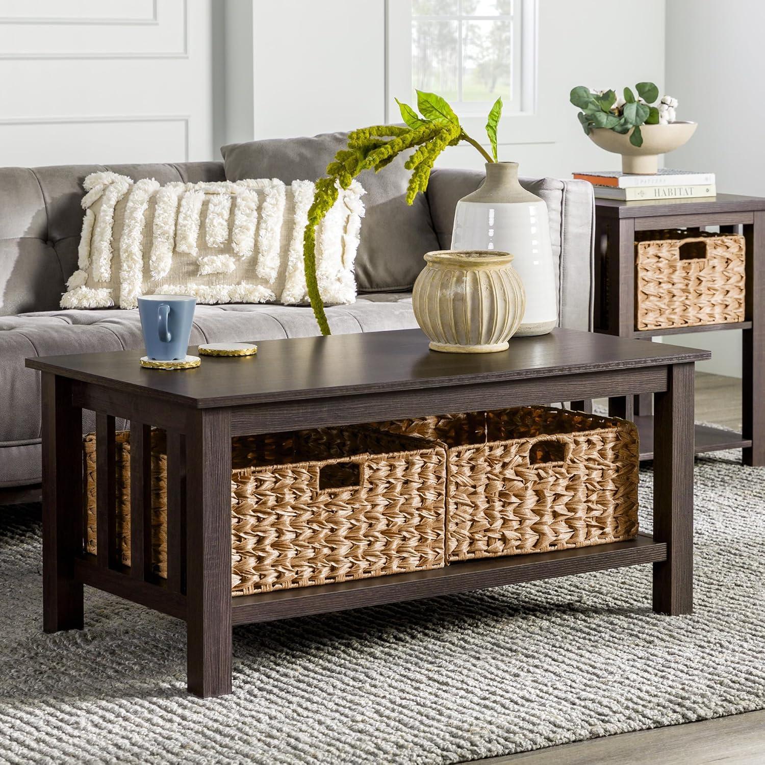 image:imageWalker Edison Alayna Mission Style Two Tier Coffee Table with Rattan Storage Baskets 40 Inch EspressoEspresso