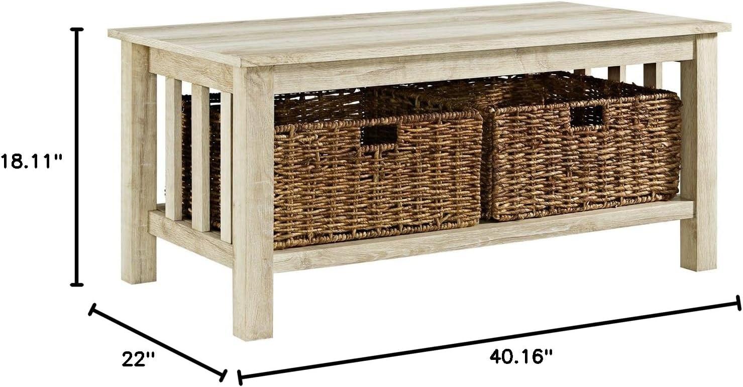image:imageWalker Edison Alayna Mission Style Two Tier Coffee Table with Rattan Storage Baskets 40 Inch EspressoWhite