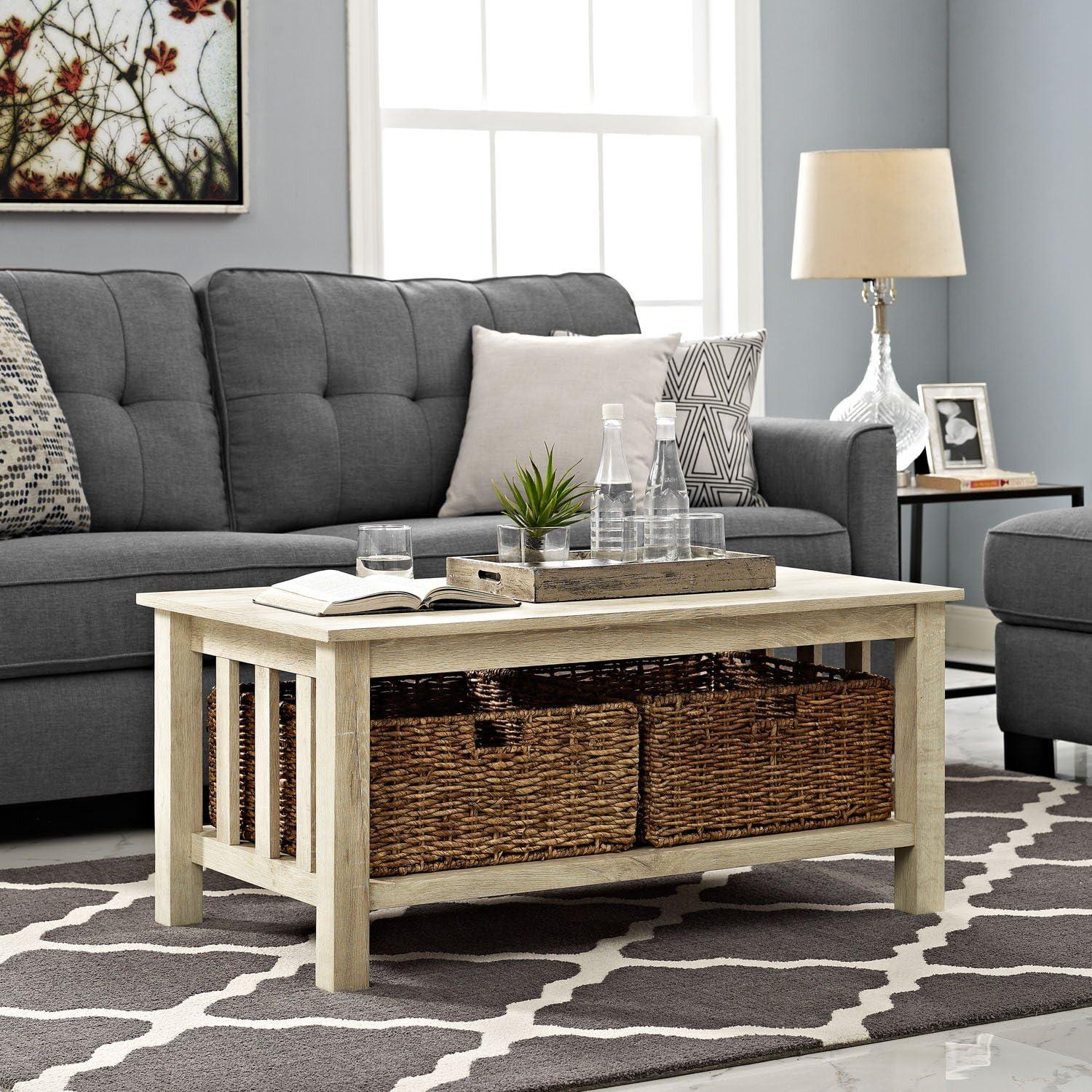 image:imageWalker Edison Alayna Mission Style Two Tier Coffee Table with Rattan Storage Baskets 40 Inch EspressoWhite