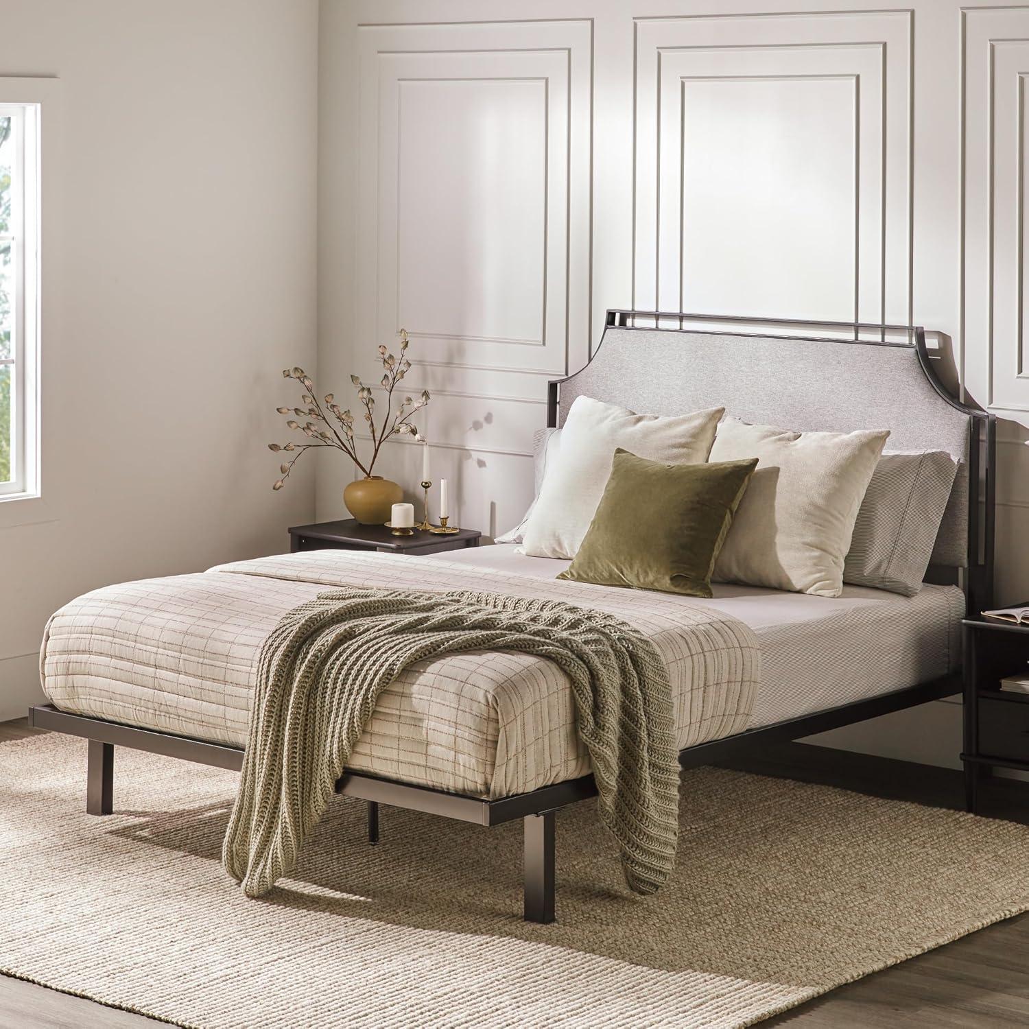 image:imageWalker Edison Miriam Modern MetalFrame Upholstered Queen Bedframe Queen Size TanGrey