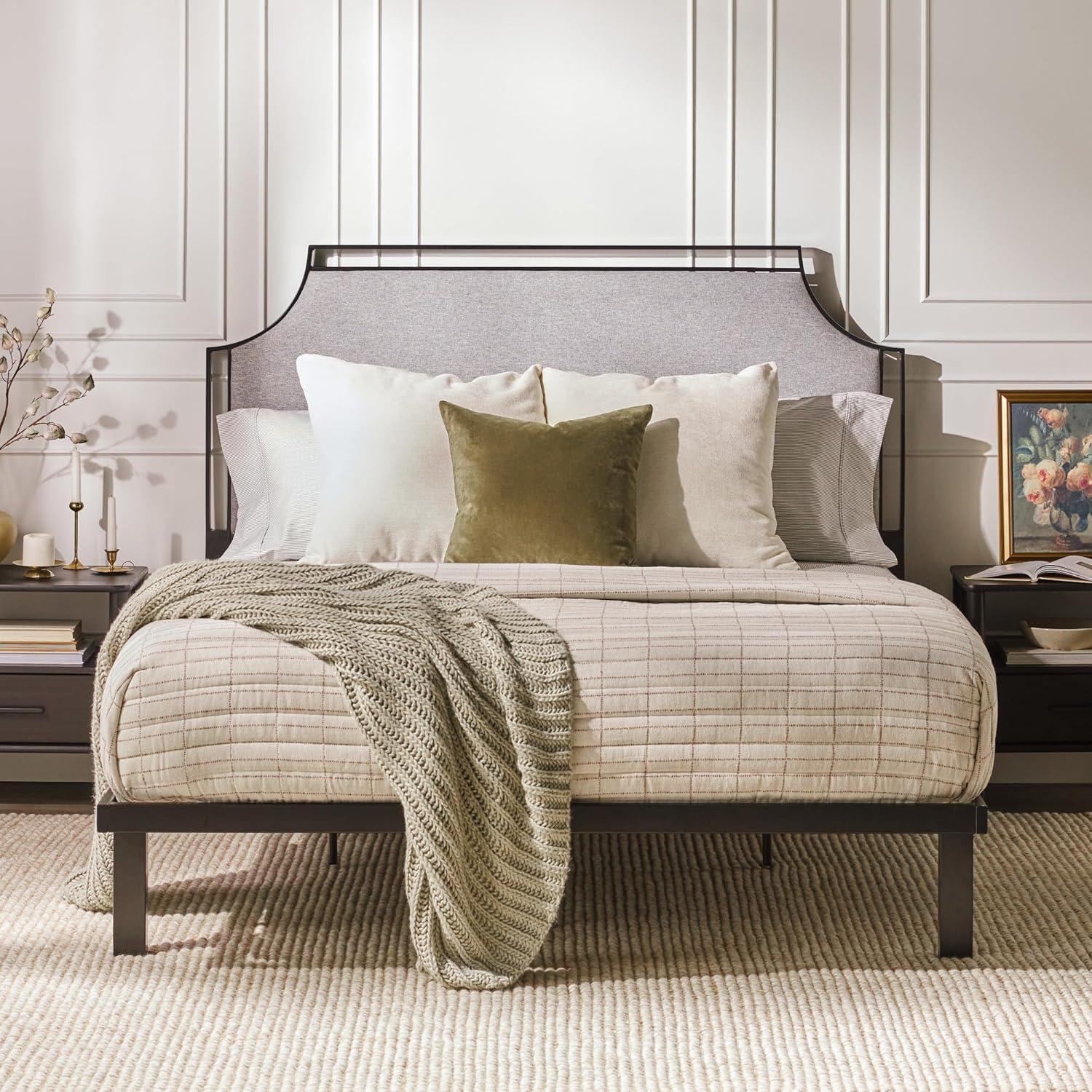 image:imageWalker Edison Miriam Modern MetalFrame Upholstered Queen Bedframe Queen Size TanGrey