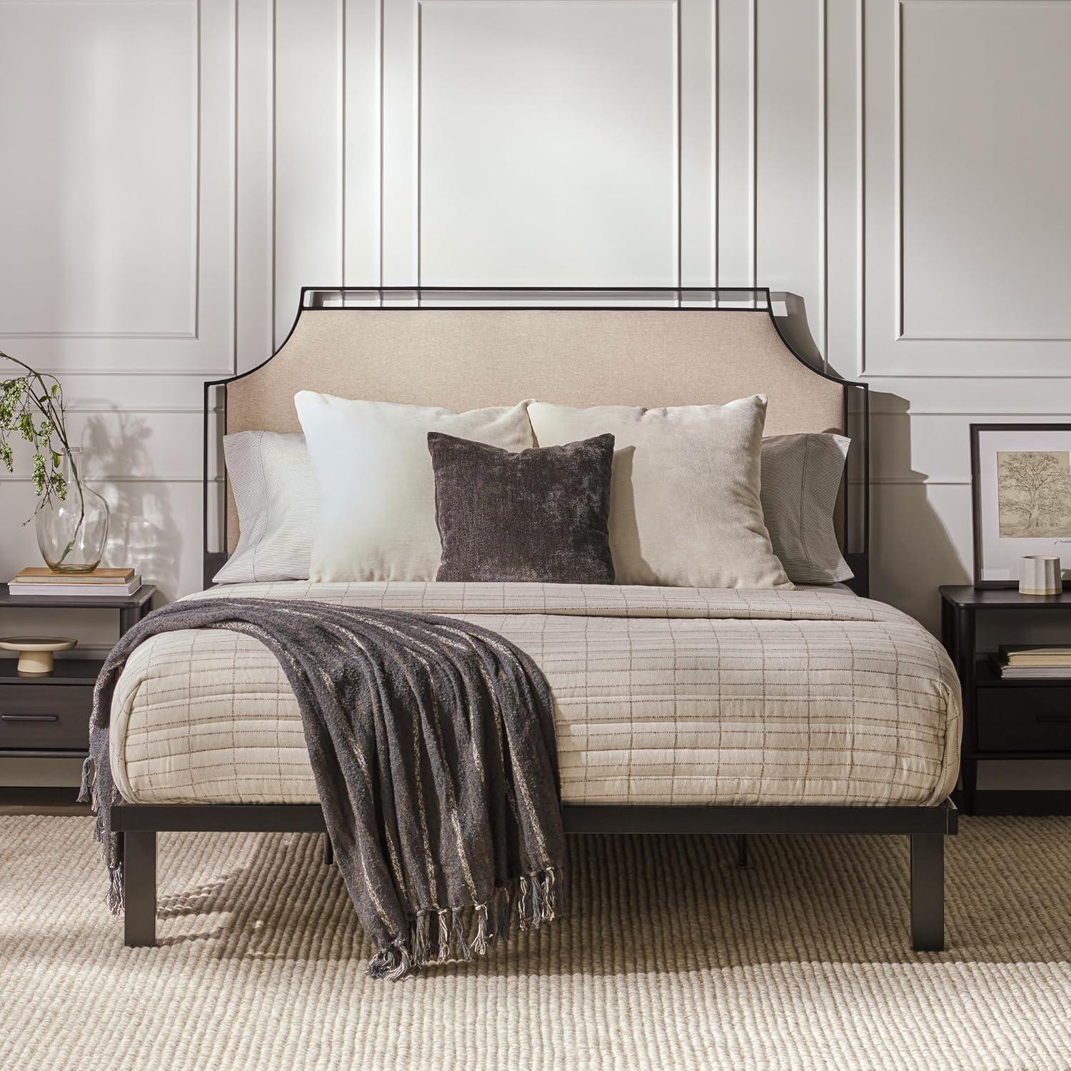 image:imageWalker Edison Miriam Modern MetalFrame Upholstered Queen Bedframe Queen Size TanTan