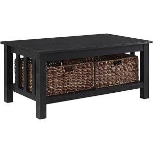 Walker Edison Alayna Mission Style Two Tier Coffee Table with Rattan Storage Baskets, 40 Inch, Espresso(Black)