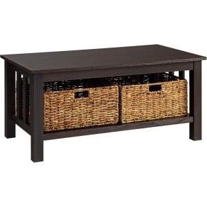 Walker Edison Alayna Mission Style Two Tier Coffee Table with Rattan Storage Baskets, 40 Inch, Espresso(Espresso)
