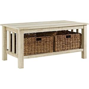 Walker Edison Alayna Mission Style Two Tier Coffee Table with Rattan Storage Baskets, 40 Inch, Espresso(White)