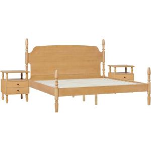 Walker Edison Solid Wood Spindle Vivienne King Bed with Two EZ Assembly 2-Drawer Nightstands, 3-Piece, Natural(Natural)