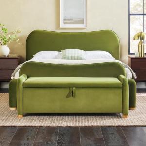 Walker Edison Chantelle Modern Contemporary Curved Upholstered Bench with Storage, 56 Inch, Ivory Bouclé(Green)