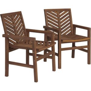 Walker Edison 2 Piece Outdoor Patio Chevron Wood Chair Set All Weather Backyard Conversation Garden Poolside Balcony, Set of 2, Dark Brown(Dark Brown)