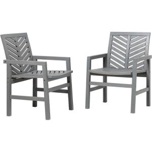 Walker Edison 2 Piece Outdoor Patio Chevron Wood Chair Set All Weather Backyard Conversation Garden Poolside Balcony, Set of 2, Dark Brown(Grey)