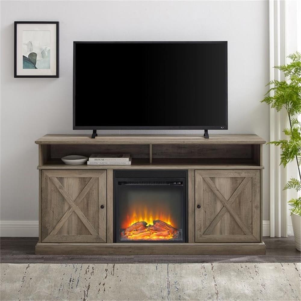 image:imageWalker Edison Atticus Farmhouse Tall X Barn Door Fireplace Stand for TVs up to 65 Inches Grey Wash
