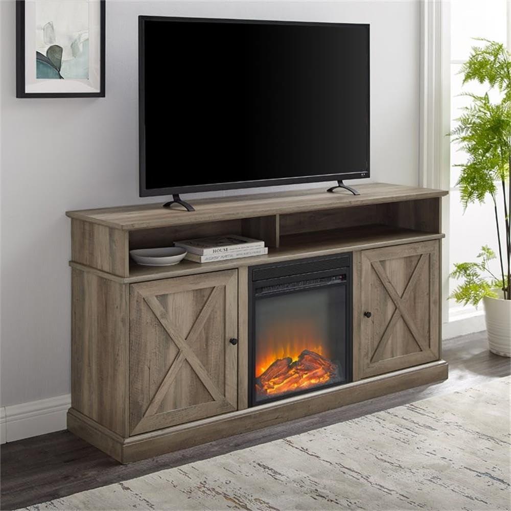 image:imageWalker Edison Atticus Farmhouse Tall X Barn Door Fireplace Stand for TVs up to 65 Inches Grey Wash