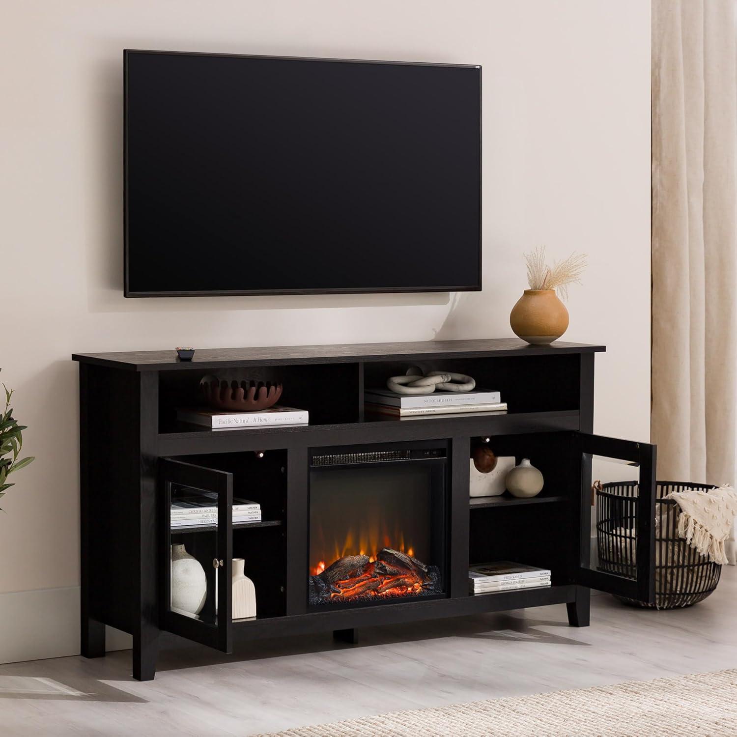 image:imageWalker Edison Glenwood Rustic Farmhouse Glass Door Highboy Fireplace TV Stand for TVs up to 65 Inches 58 Inch DriftwoodBlack