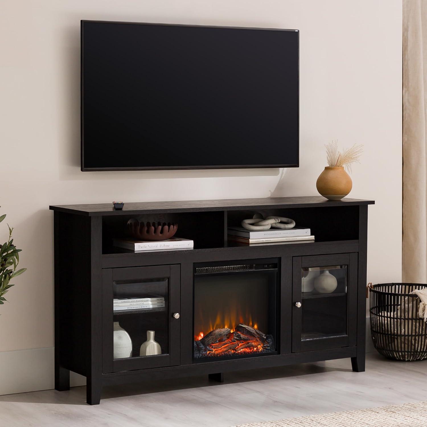 image:imageWalker Edison Glenwood Rustic Farmhouse Glass Door Highboy Fireplace TV Stand for TVs up to 65 Inches 58 Inch DriftwoodBlack