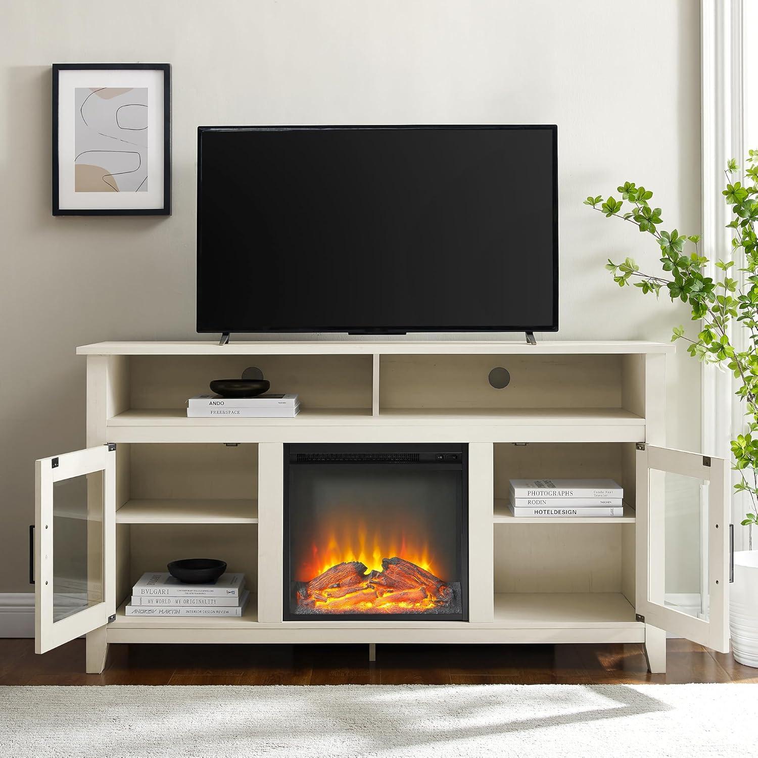 image:imageWalker Edison Glenwood Rustic Farmhouse Glass Door Highboy Fireplace TV Stand for TVs up to 65 Inches 58 Inch DriftwoodBrushed White