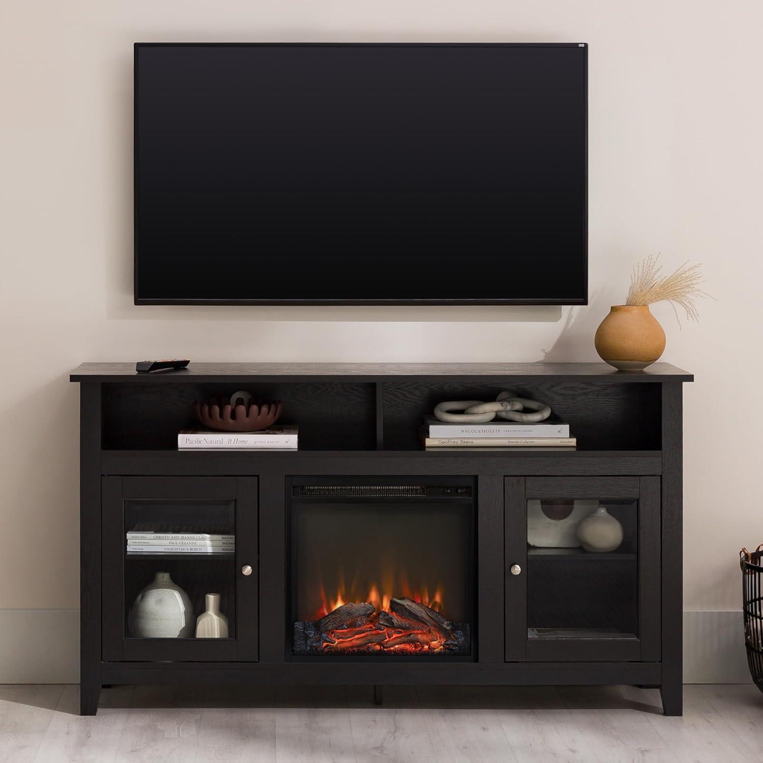 image:imageWalker Edison Glenwood Rustic Farmhouse Glass Door Highboy Fireplace TV Stand for TVs up to 65 Inches 58 Inch Grey WashBlack