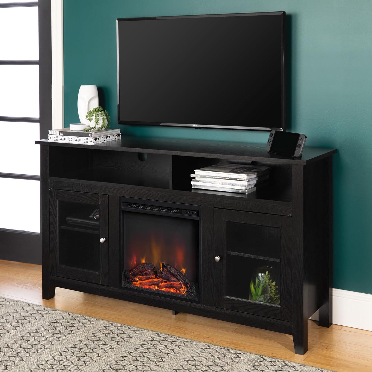 image:imageWalker Edison Glenwood Rustic Farmhouse Glass Door Highboy Fireplace TV Stand for TVs up to 65 Inches 58 Inch Grey WashBlack