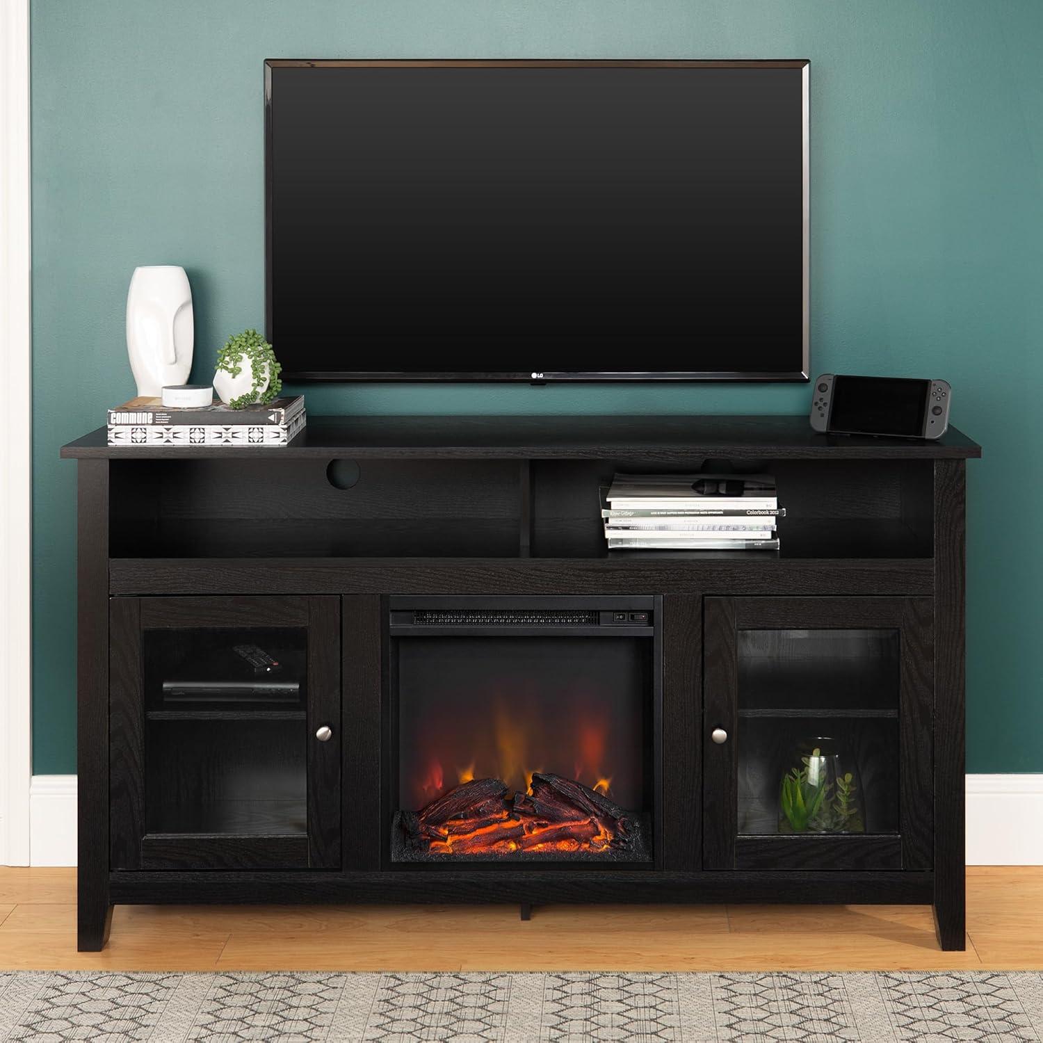 image:imageWalker Edison Glenwood Rustic Farmhouse Glass Door Highboy Fireplace TV Stand for TVs up to 65 Inches 58 Inch Grey WashBlack