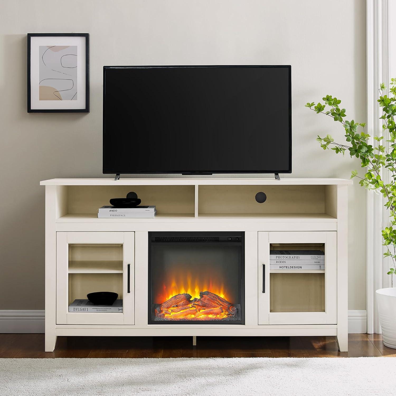 image:imageWalker Edison Glenwood Rustic Farmhouse Glass Door Highboy Fireplace TV Stand for TVs up to 65 Inches 58 Inch Grey WashBrushed White