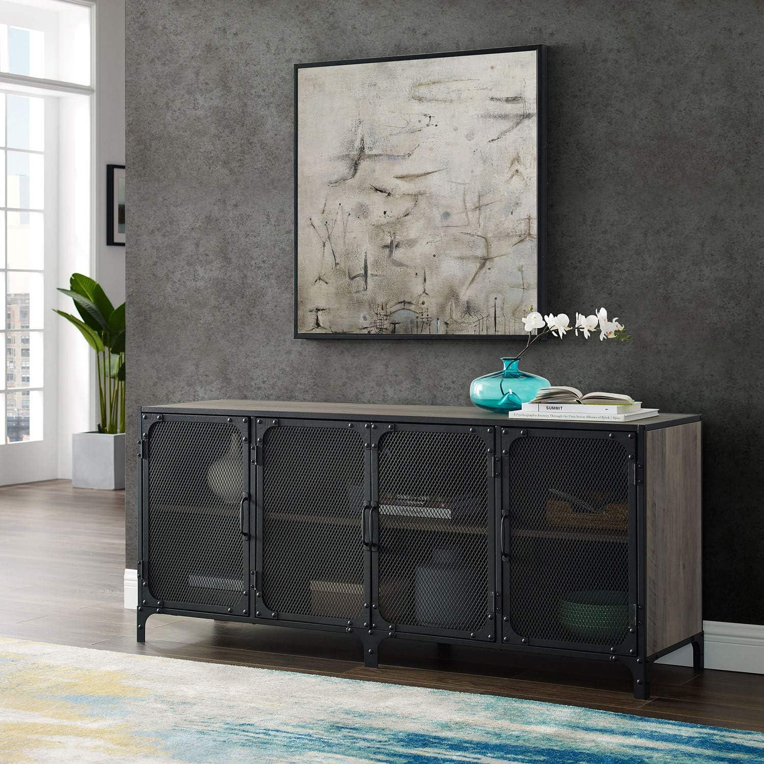 image:imageWalker Edison Malcomb Urban Industrial Metal Mesh Double Door Rolling Bar Cabinet 33 Inch Rustic OakGrey