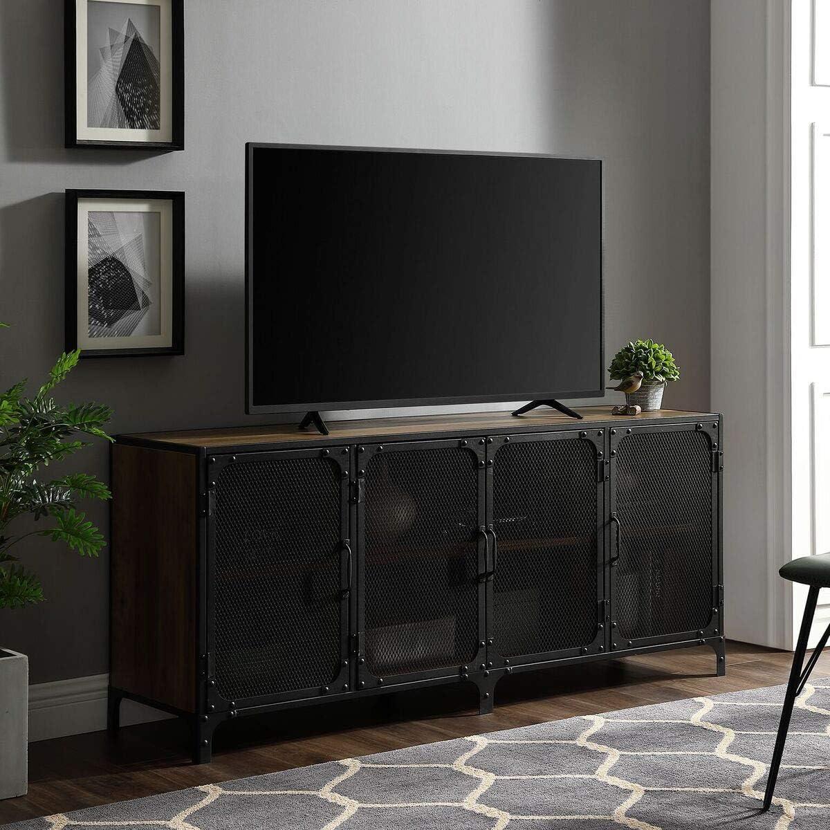 image:imageWalker Edison Malcomb Urban Industrial Metal Mesh Double Door Rolling Bar Cabinet 33 Inch Rustic OakRustic Oak