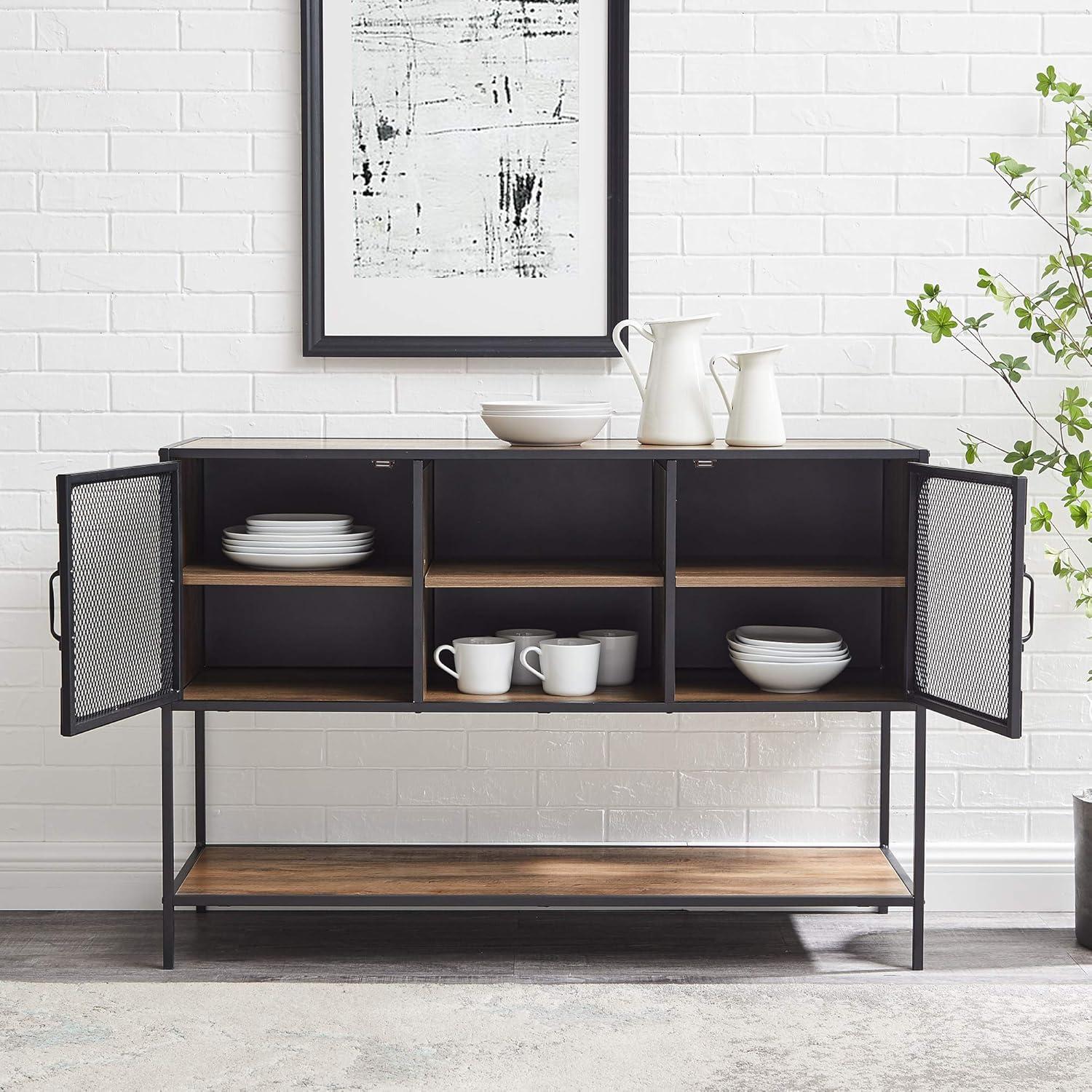 image:imageWalker Edison Malcomb Urban Industrial Metal Mesh Double Door Rolling Bar Cabinet 33 Inch Rustic OakRustic Oak