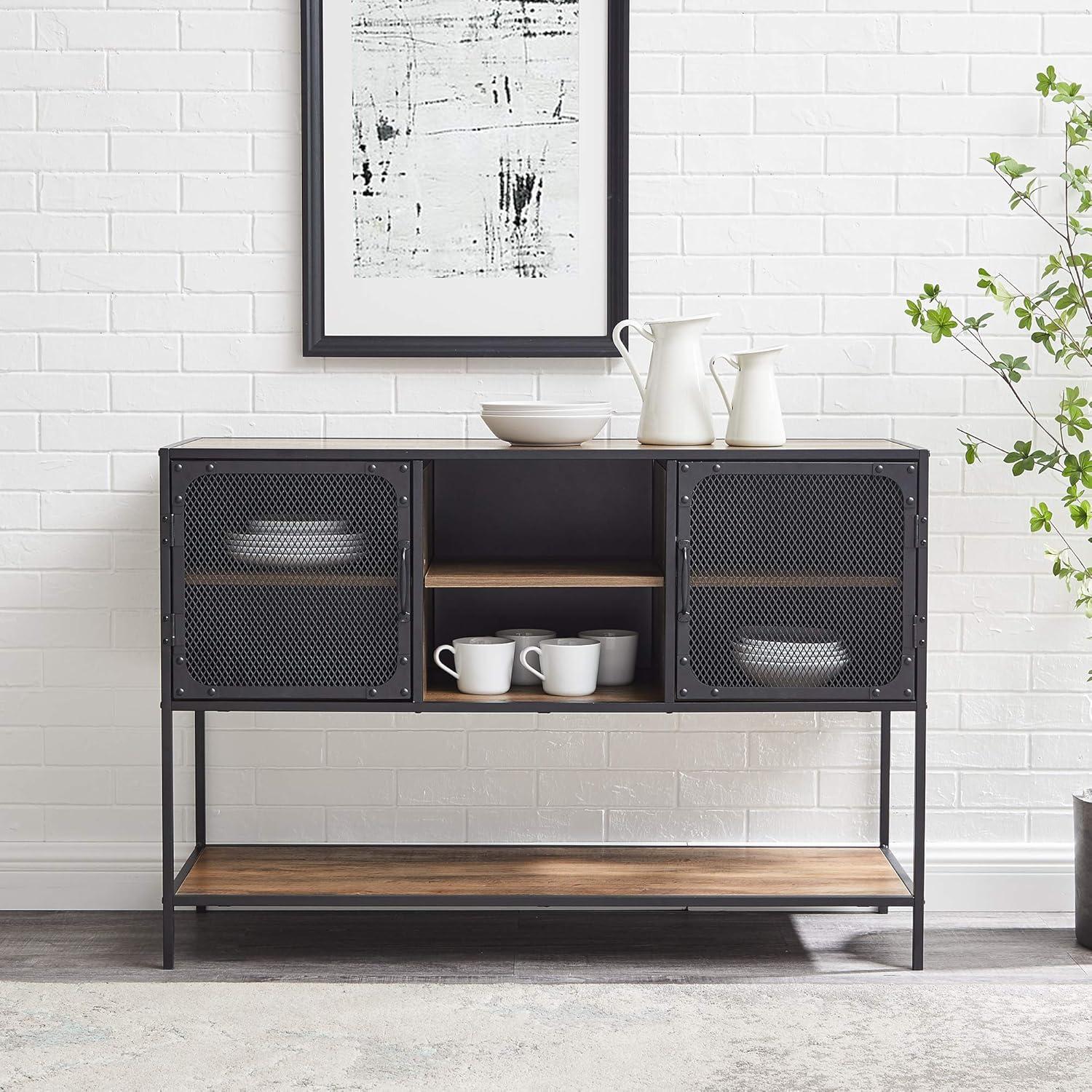 image:imageWalker Edison Malcomb Urban Industrial Metal Mesh Double Door Rolling Bar Cabinet 33 Inch Rustic OakRustic Oak