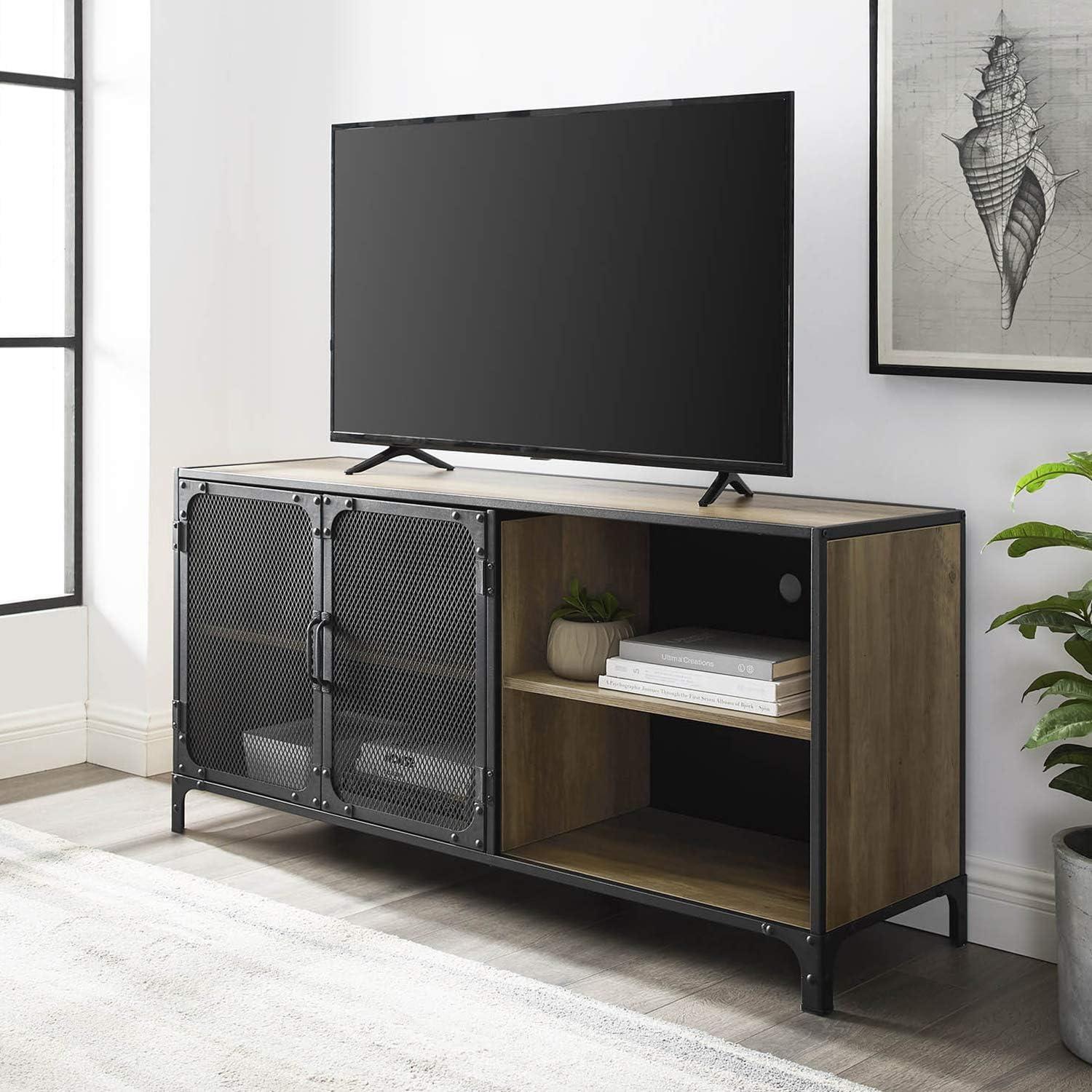 image:imageWalker Edison Malcomb Urban Industrial Metal Mesh Double Door Rolling Bar Cabinet 33 Inch Rustic OakRustic Oak