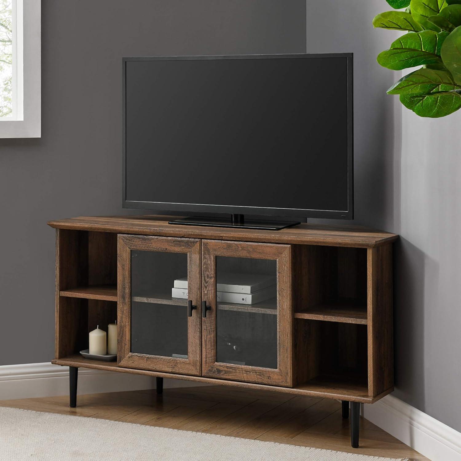 image:imageWalker Edison Modern Wood Corner Universal TV Stand with Open Shelves Glass Cabinet Doors Storage for TVs up to 55 Flat Screen Living Room Storage Entertainment Center 48 Inch Rustic OakRustic Oak