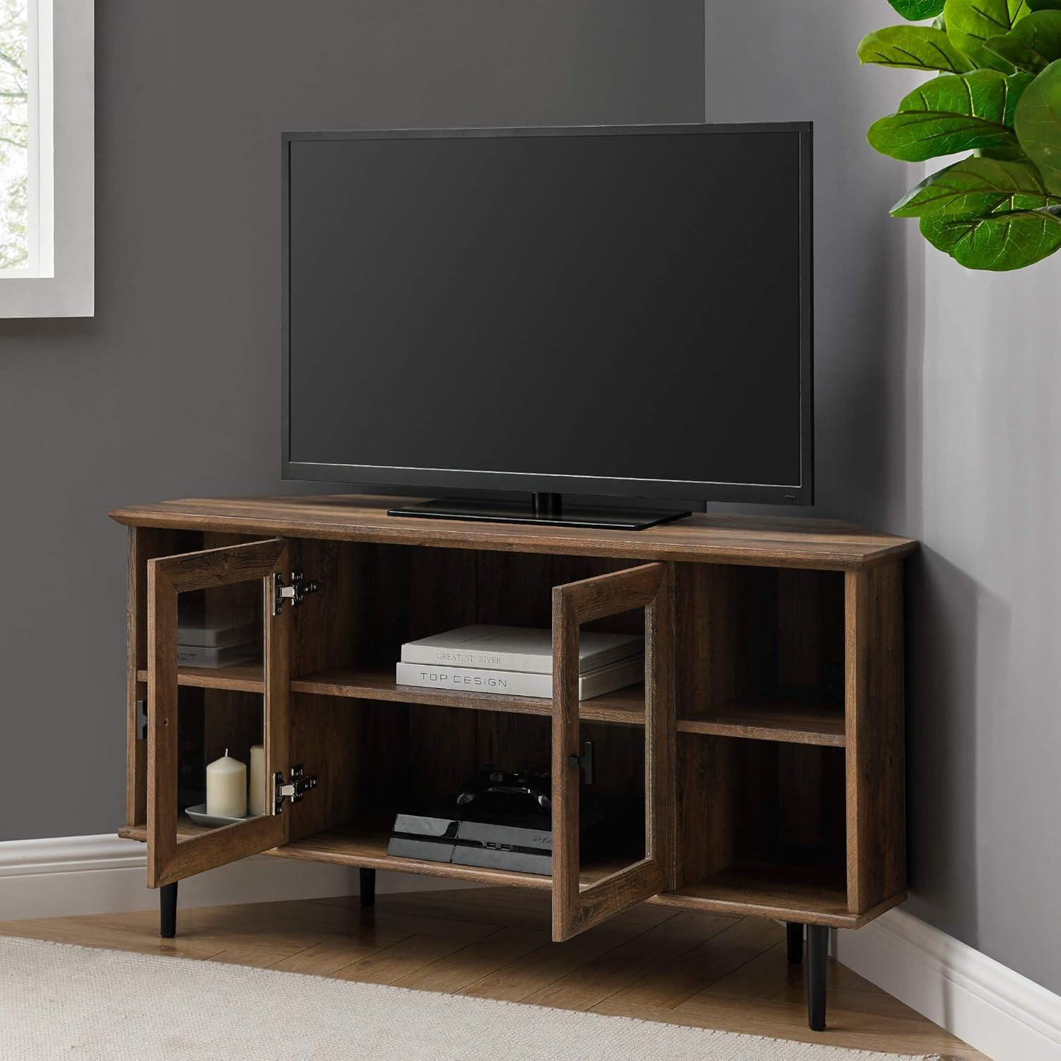image:imageWalker Edison Modern Wood Corner Universal TV Stand with Open Shelves Glass Cabinet Doors Storage for TVs up to 55 Flat Screen Living Room Storage Entertainment Center 48 Inch Rustic OakRustic Oak