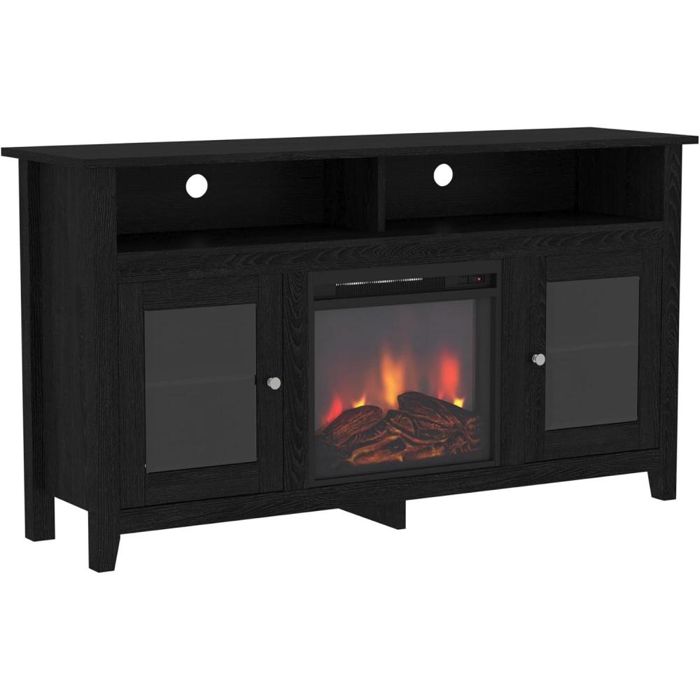image:imageWalker Edison Glenwood Rustic Farmhouse Glass Door Highboy Fireplace TV Stand for TVs up to 65 Inches 58 Inch DriftwoodBlack