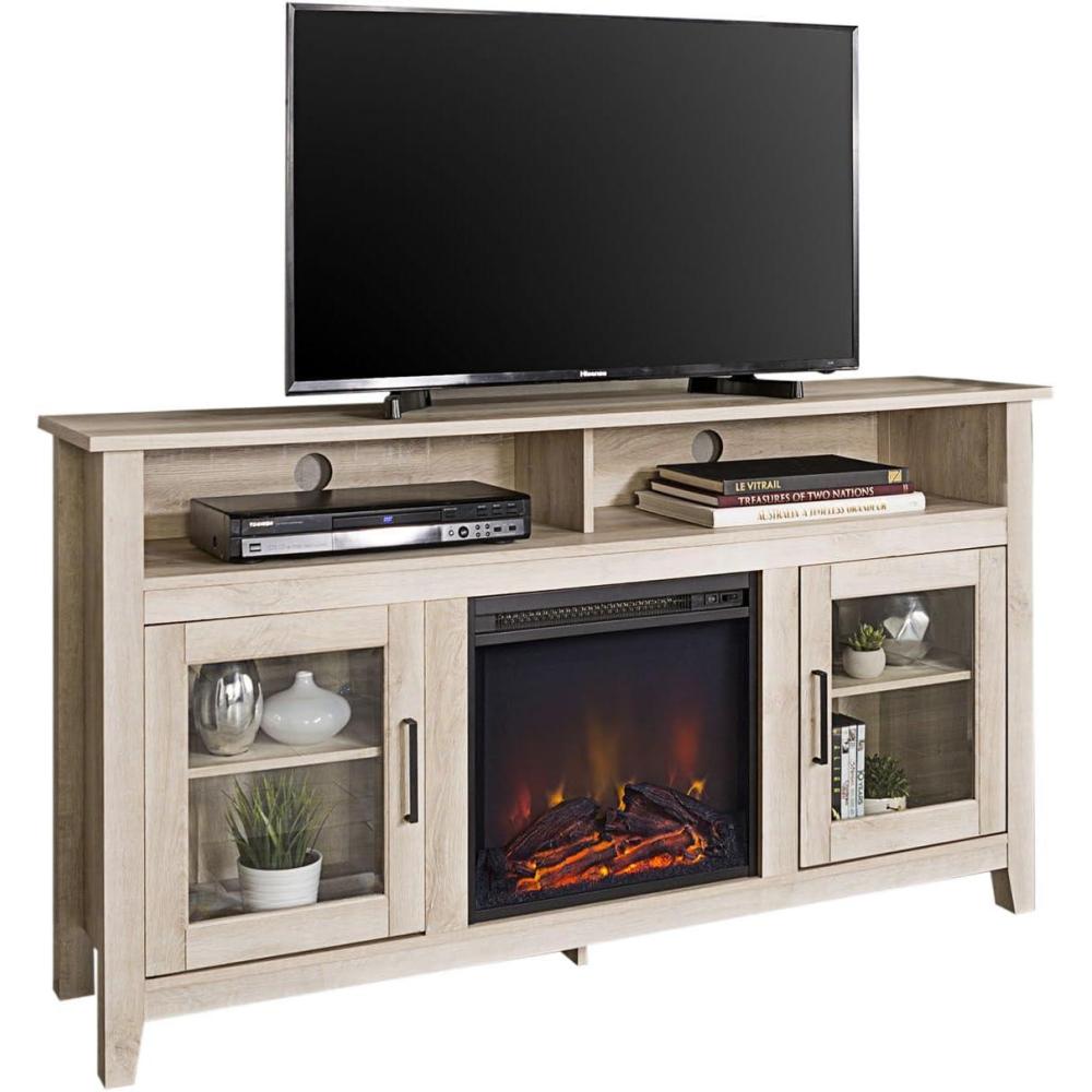 image:imageWalker Edison Glenwood Rustic Farmhouse Glass Door Highboy Fireplace TV Stand for TVs up to 65 Inches 58 Inch Grey WashWhite Oak