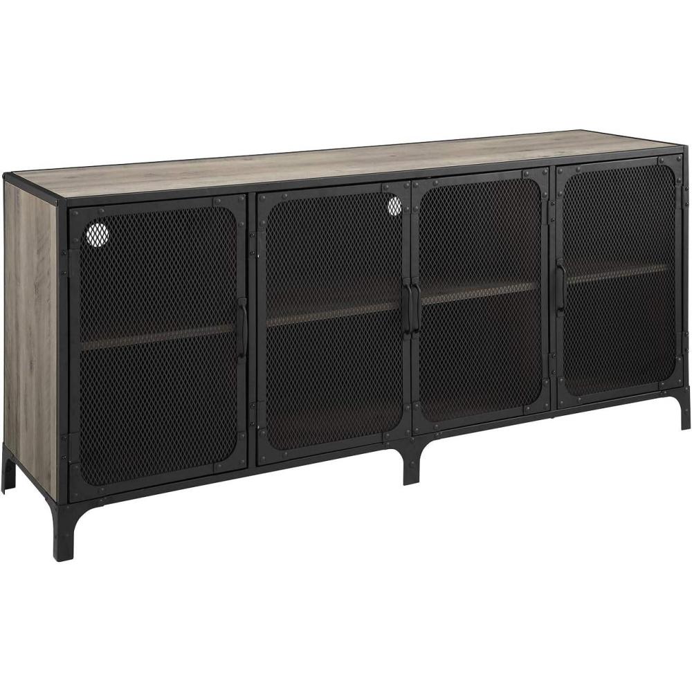 image:imageWalker Edison Malcomb Urban Industrial Metal Mesh Double Door Rolling Bar Cabinet 33 Inch Rustic OakGrey