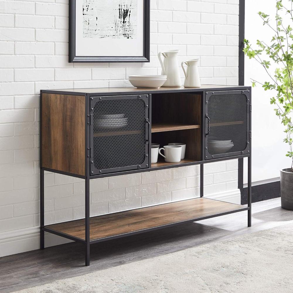 image:imageWalker Edison Malcomb Urban Industrial Metal Mesh Double Door Rolling Bar Cabinet 33 Inch Rustic OakRustic Oak