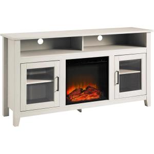 Walker Edison Glenwood Rustic Farmhouse Glass Door Highboy Fireplace TV Stand for TVs up to 65 Inches, 58 Inch, Driftwood(Brushed White)