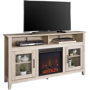 Walker Edison Glenwood Rustic Farmhouse Glass Door Highboy Fireplace TV Stand for TVs up to 65 Inches, 58 Inch, Driftwood(White Oak)