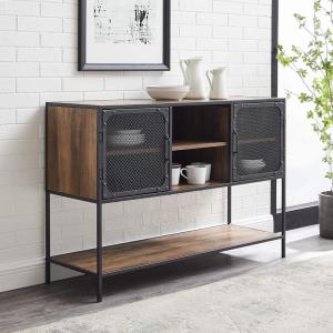 Walker Edison Malcomb Urban Industrial Metal Mesh Double Door Rolling Bar Cabinet, 33 Inch, Rustic Oak(Rustic Oak)