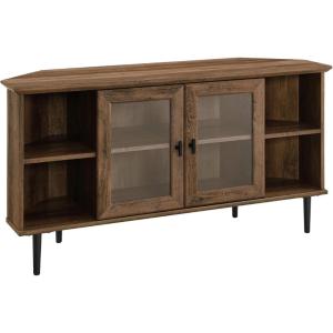 Walker Edison Modern Wood Corner Universal TV Stand with Open Shelves Glass Cabinet Doors Storage for TV’s up to 55″ Flat Screen Living Room Storage Entertainment Center, 48 Inch, Rustic Oak(Rustic Oak)